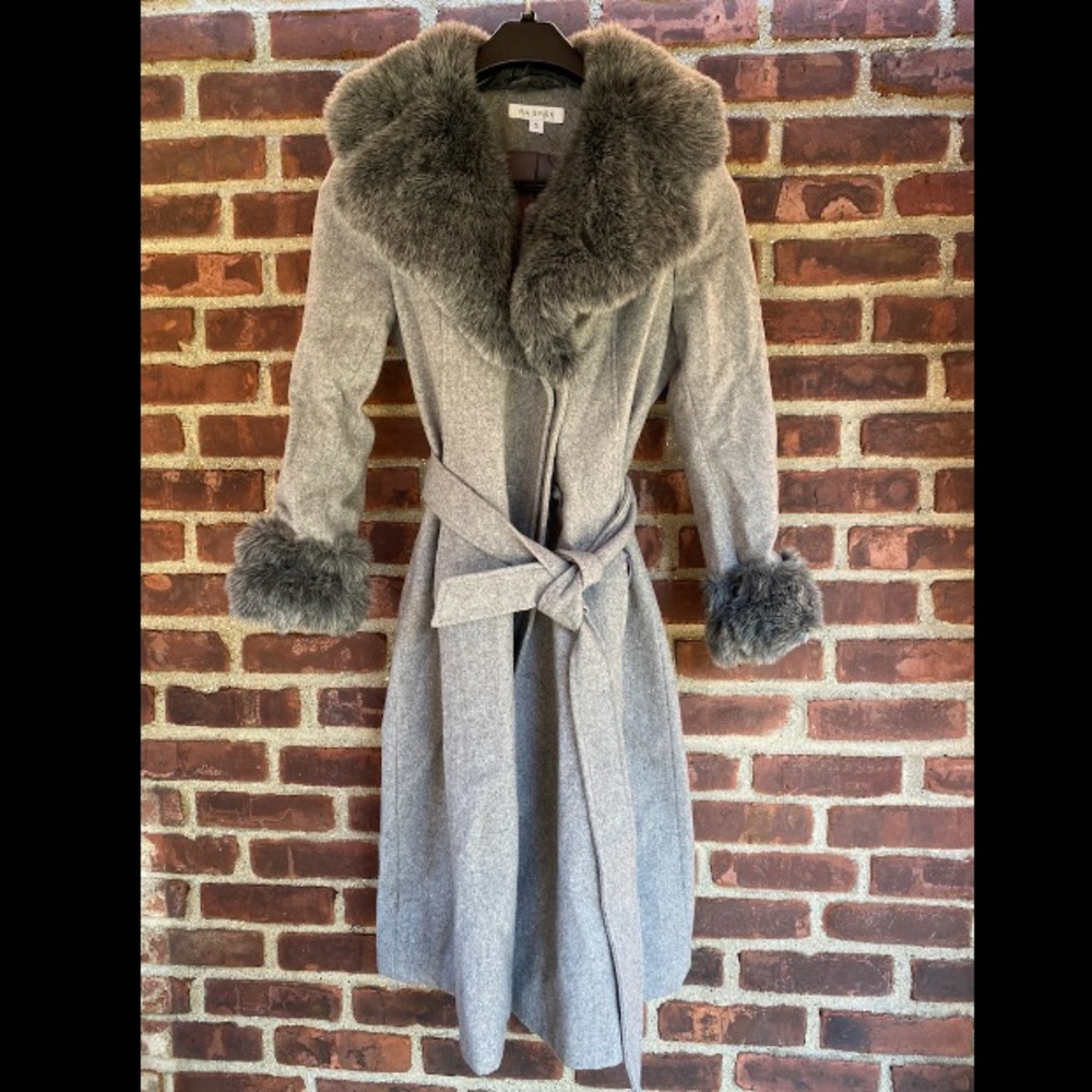 Via Spiga Womens Faux-Fur-Collar Asymmetrical Belted Gray Coat S MSRP $385